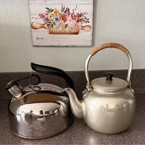 Revere Ware Whistling Tea Kettle Stainless Steel Japan Teapot Set of 2 Vintage